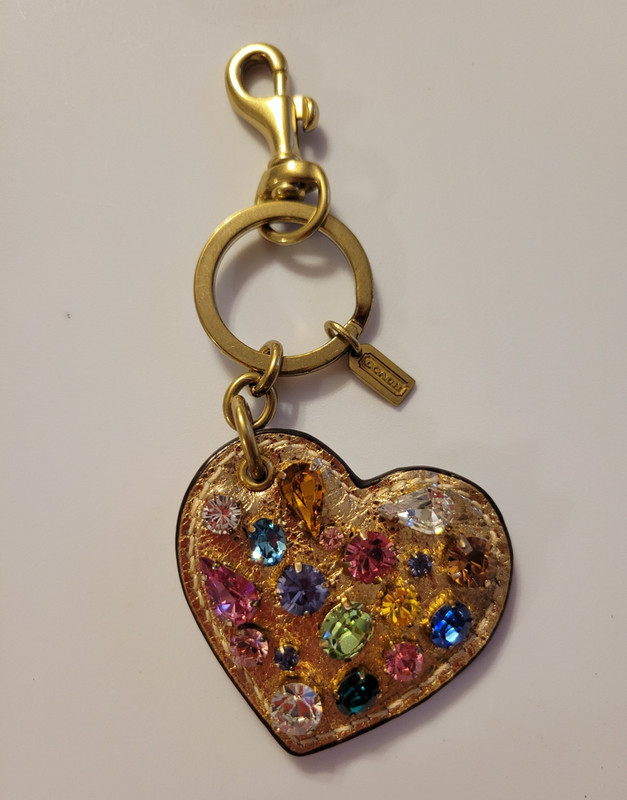 GUC Y2K Coach Heart Leather Gold/Multicolor Rhinestone Key Charm/Keyring