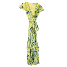 Banjanan Mercy Midi Dress Wrap Tropical Floral Bird Yellow Size Small S $370 EUC