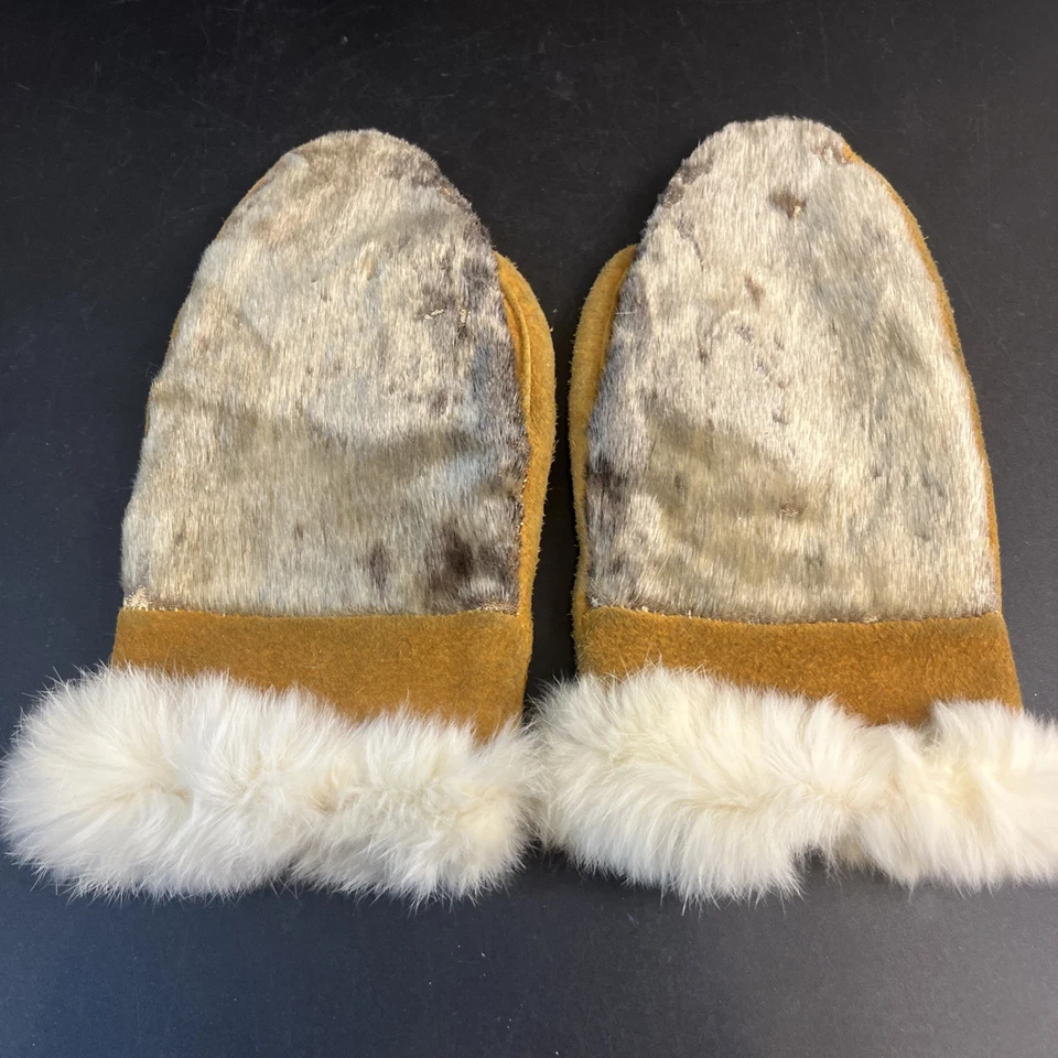 Vtg Alaskan Gray White Genuine Fur Trim Tan Leather Mittens Gloves Adult Med/Lrg - Image 2 of 4