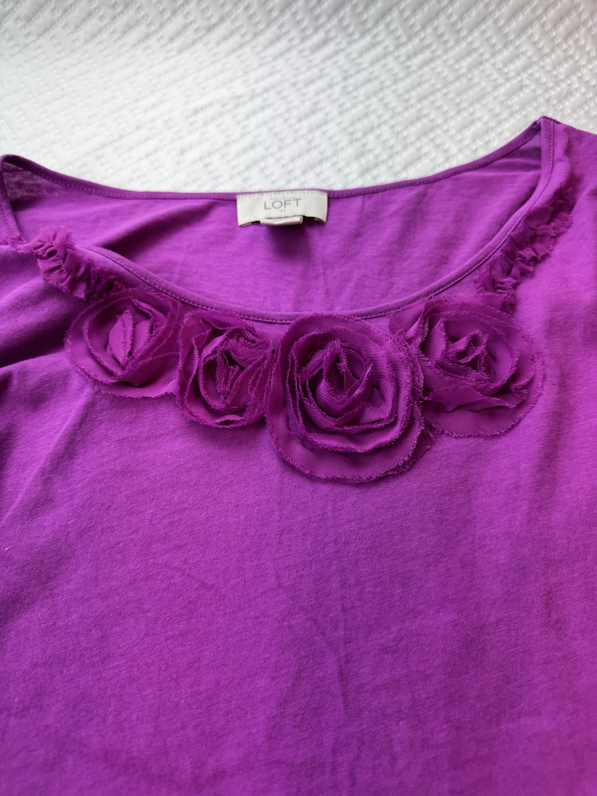 Loft Fuchsia Cotton Tunic 3/4 Length Sleeves Decorative Neck Line. Size M
