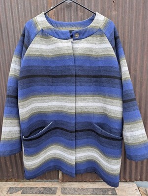 Old Navy Blanket Coat Women Large Blue Stripe Jacket Snap Southwest Wool Chore