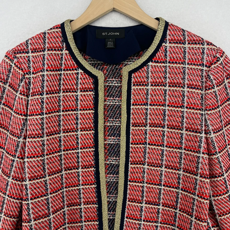 Chaqueta ST JOHN para mujer L texturizada a cuadros frente abierto mezcla de lana roja EE. UU. Foto 3 de 4