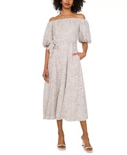 Vince Camuto Printed Linen-Blend Off-The-Shoulder Puff-Sleeve Midi Dress S  $119