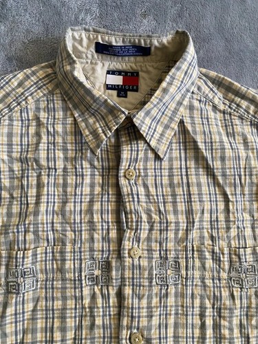 Vtg Tommy Hilfiger Shirt Mens M Beige 90s Plaid Button Up Short Sleeve symbols - Picture 2 of 6