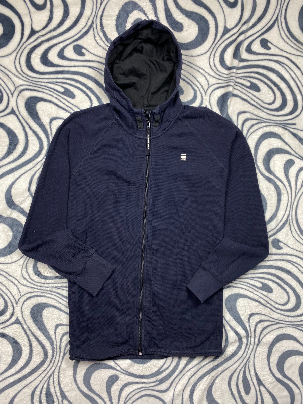 Great G-Star Raw Denim Hoodie Pullover Men's Navy Blue Front Logo