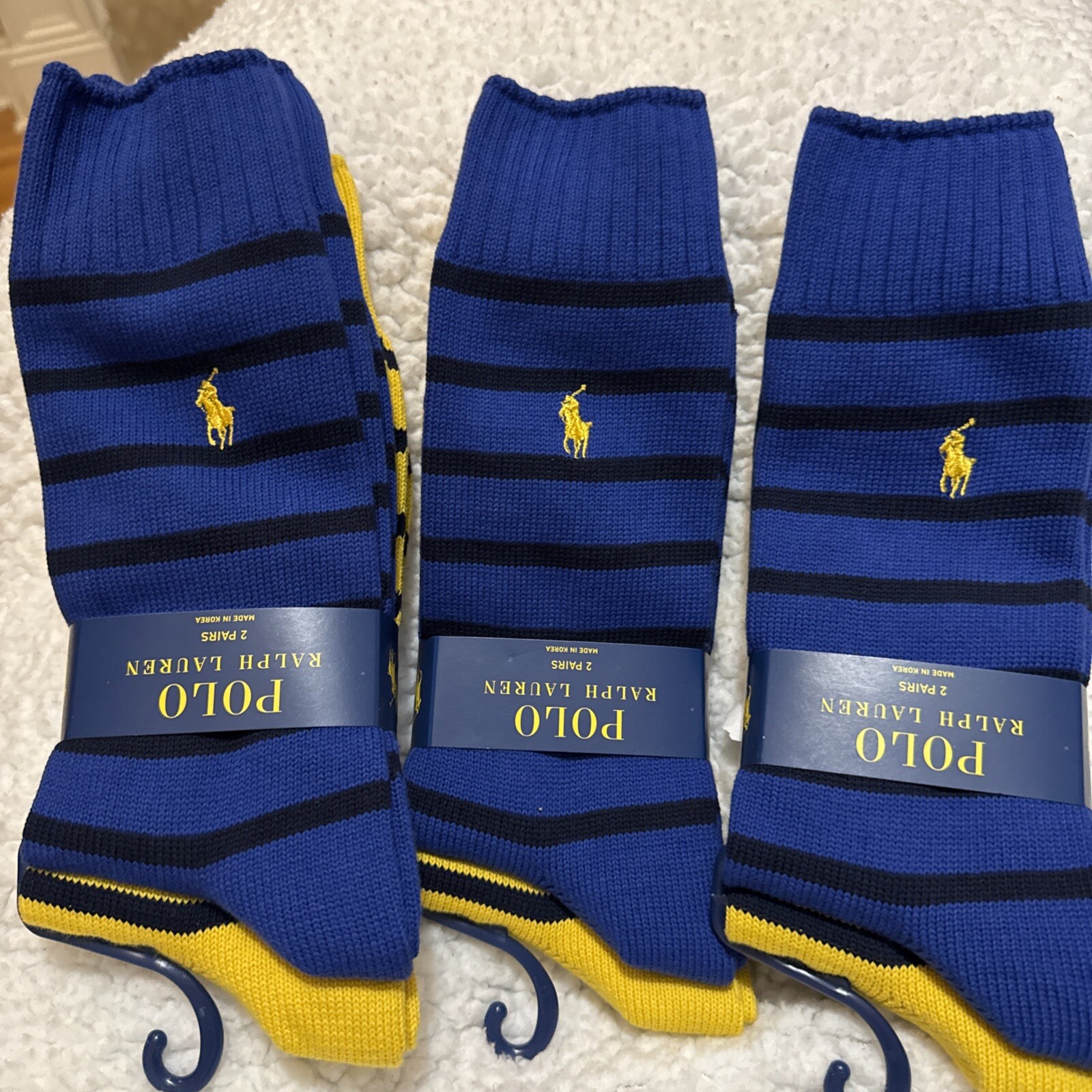 POLO RALPH LAUREN PONY BLU ROYAL E GIALLO DORATO CALZE IN COTONE 2 PEZZI. ETICHETTE NUOVE