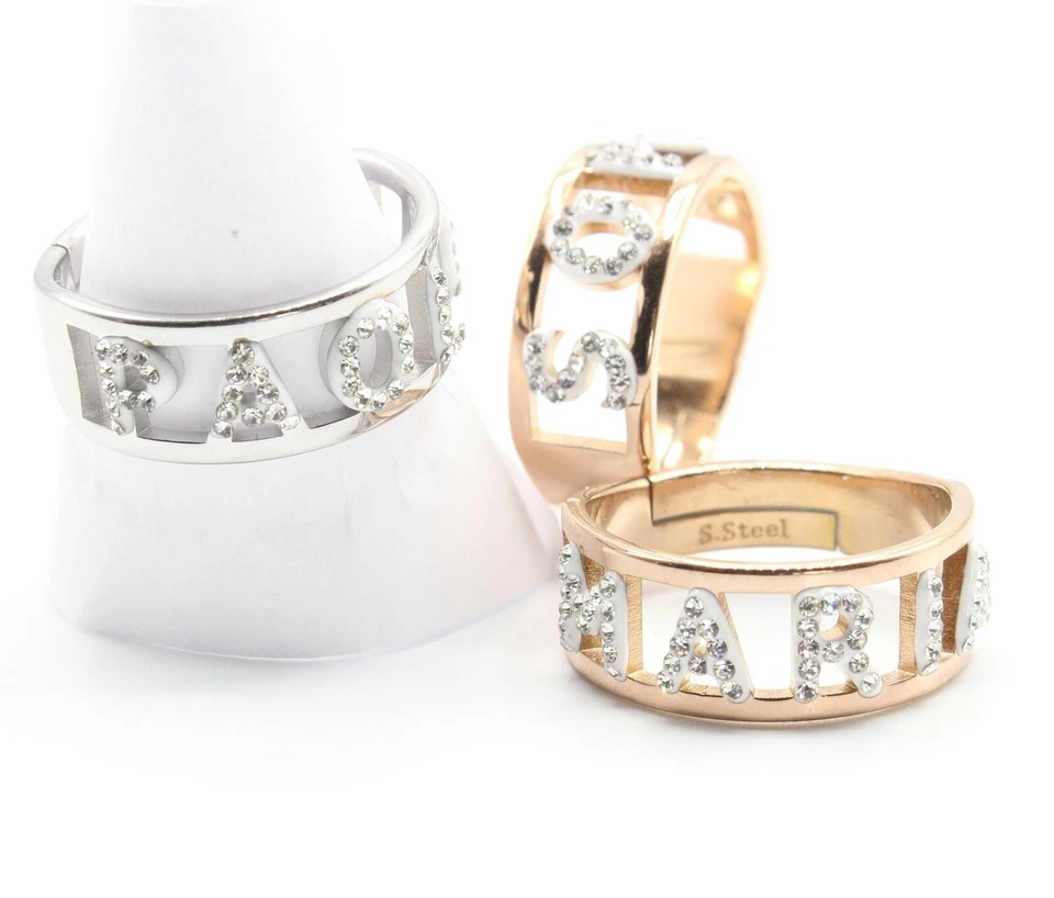 anello con nome regalo donna scritta strass fascione fascetta veretta in acciaio - Immagine 2 di 4