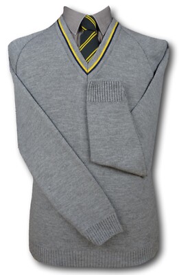 Mid Grey School Uniform Jumper Navy Yellow Trim At The Neck Line Only  UK