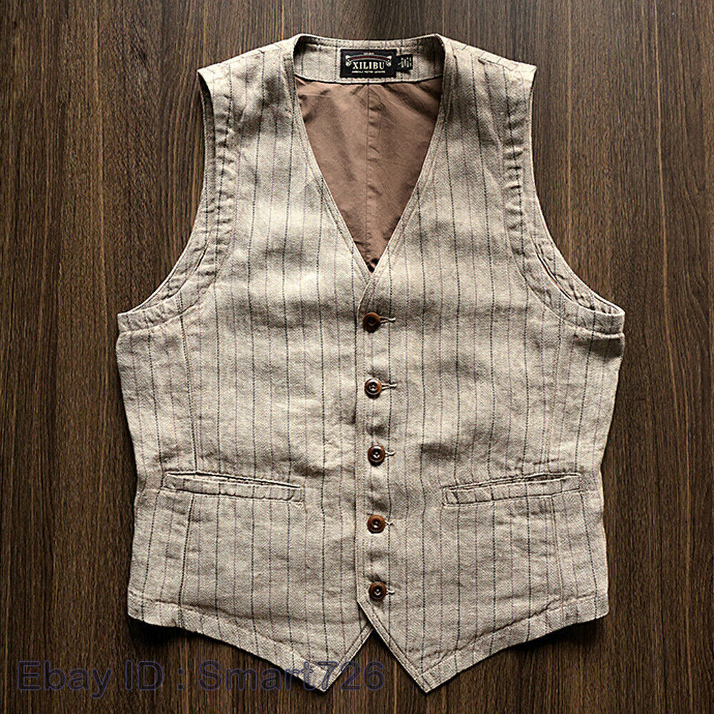 Men's Linen Slim Vest Stripe Waistcoat Vintage Casual Coat Retro