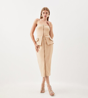 BNWT Karen Millen Compact Stretch Zip Pockt Detail Midi Dress Camel Sz12 RRP£209