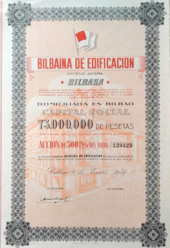 BILBAINA DE EDIFICACION / BILBASA - ACTION DE 500 PESETAS - ESPAGNE BILBAO - Picture 1 of 2
