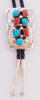 Navajo Handmade Sterling Silver with Turquoise and Coral Bolo Tie | eBay
