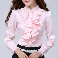 Donna Raso Camicetta Finta Seta Pizzo Camicia Balza Volant Lolita Ufficio, Retrò