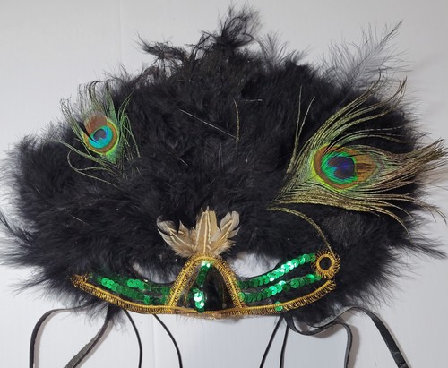 Feathered Masquerade Mardi Gras Mask Peacock Gold Sequins - Picture 4 of 10