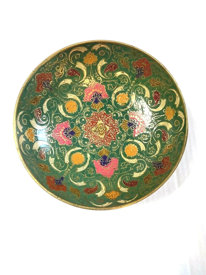 Hermoso Antiguo Latón Esmalte Cuenco Pedestal Mughal Moradad Plato Cloisonne Dorado Foto 3 de 4