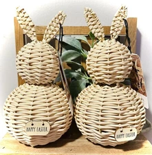 New (2) Rae Dunn Happy Easter 10” Twin Tan Wicker Bunny Rabbit Bundle