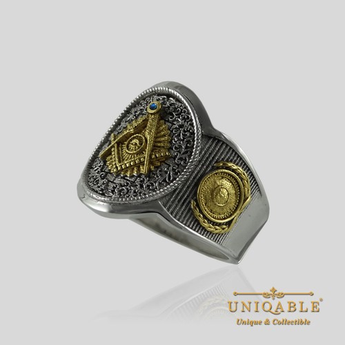 Masonic Sterling Silver .925 Ring Square Compass 18K Gold Pld Freemason UNIQABLE - Picture 3 of 12