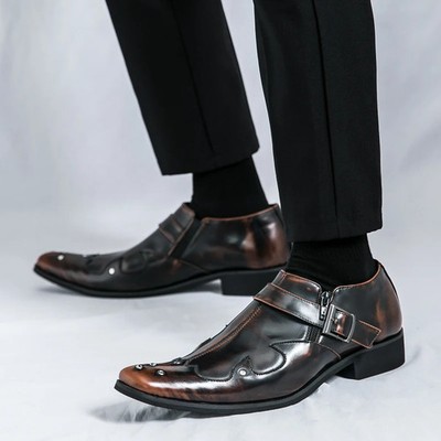  Men's Low Top Suit Business Chelsea Shoes Bright Buckle Pointy Leather Shoes