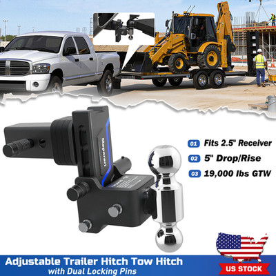 Adjustable Trailer Tow Hitch Fits 2.5'' Receiver, Dual Ball, 5'' Drop, 19,000 GTW