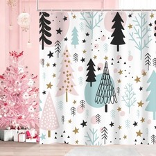 Christmas Shower Curtain for Bathroom, Cute Pink Xmas Tree Stars Pine Trees M...
