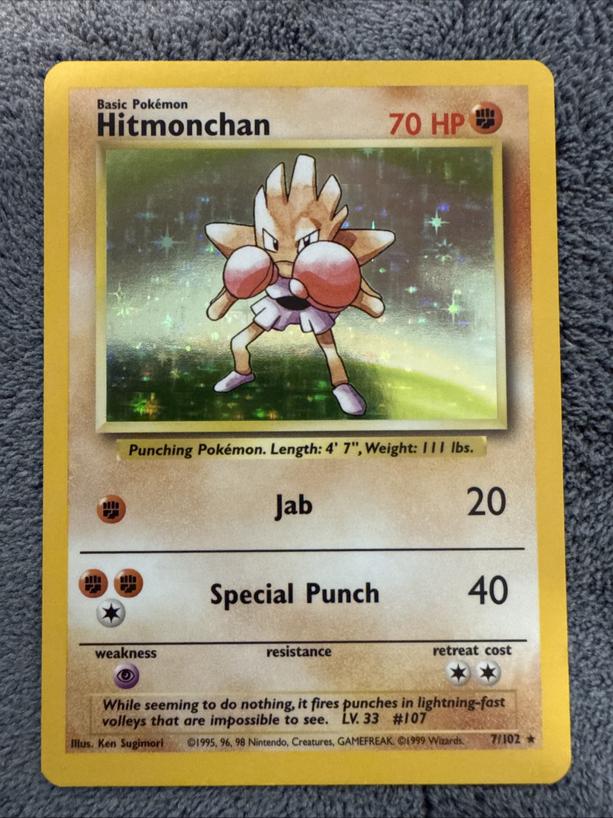 Pokémon TCG Hitmonchan Base Set Holo Unlimited Rare Card 7/102 NM Condition