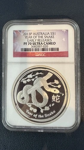 🌟2013P 1oz Australia Lunar Year Snake Silver Proof Coin NGC PF70 Ultra Cameo ER