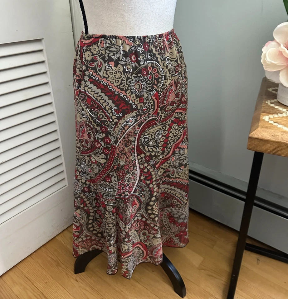 DRESSBARN Skirt Womens 12 Brown Paisley Chiffon Midi Fairy Grunge Retro Y2K Fall - Image 2 of 4