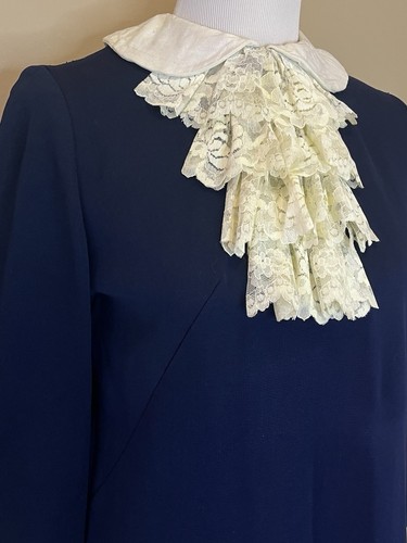 Vintage 60s Dress Lace Jabot Peter Pan Collar & Cuffs Long Sleeve Victorian  - Picture 2 of 5