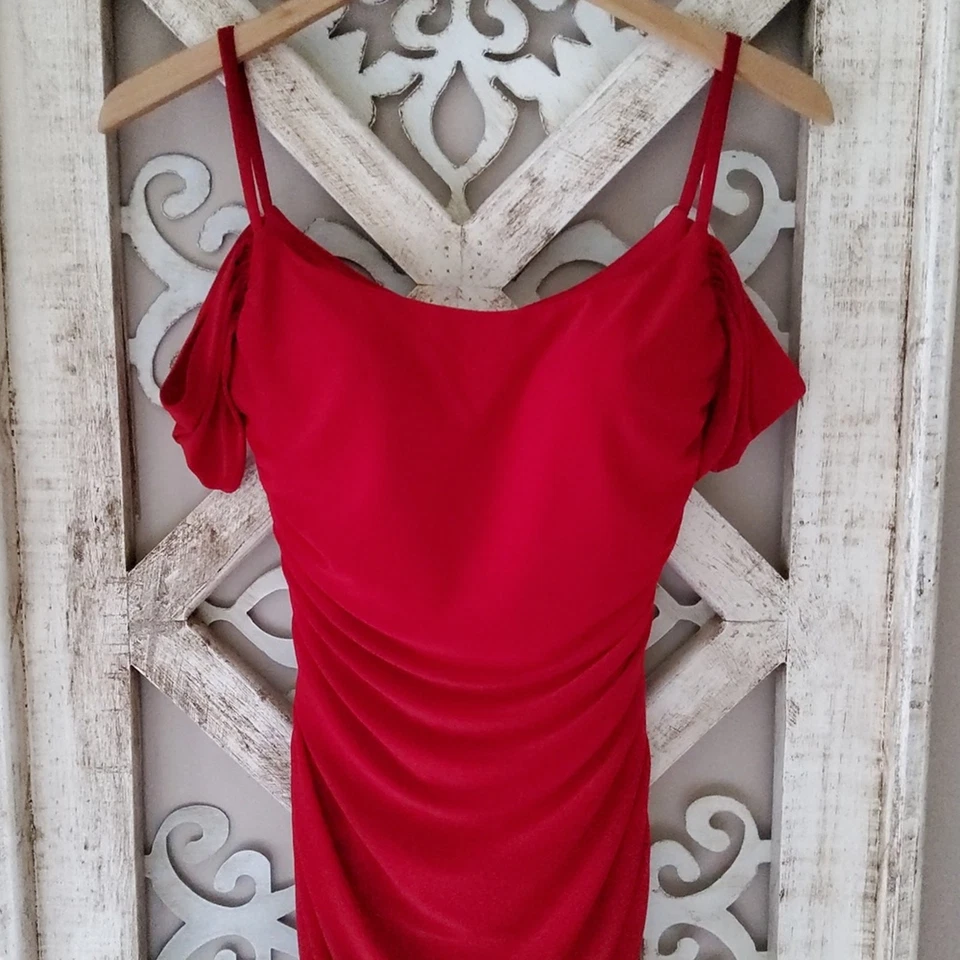 La Femme Scoop Neck Ruche Ornate Cutout Long Dress Spaghetti Strap in Red - Image 3 of 4