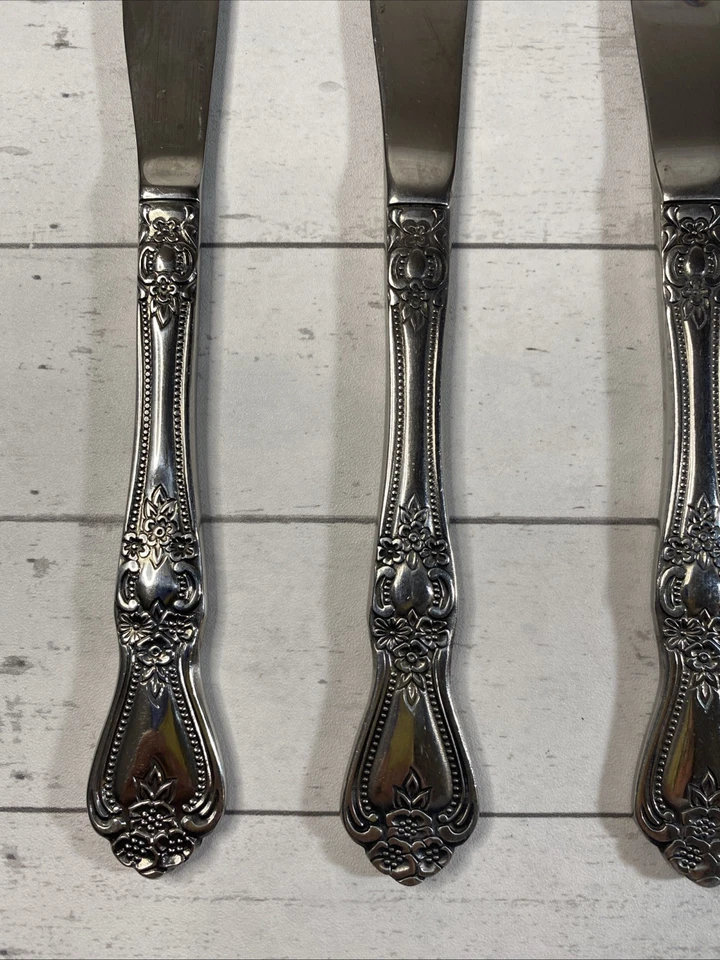 Lote de 6 cuchillos de cena vintage de cubiertos de acero inoxidable Rogers Precious Rose Corea Foto 2 de 4