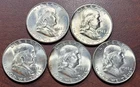 (5) BU UNC 1948-D Franklin Half Dollars Lustrous Most FBL 90% Silver 50c Coins