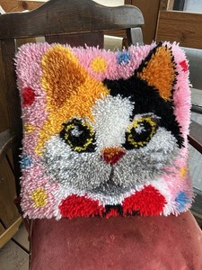 Vintage 1970’s Latch Hook Cat Shag Throw Pillow 15 X 15”