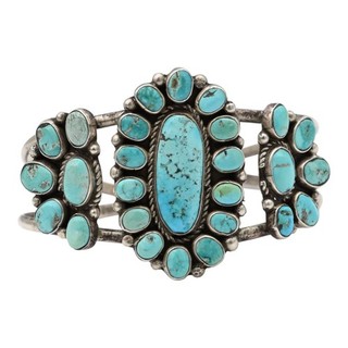 VINTAGE SOUTHWESTERN THREE TURQUOISE CLUSTER CUFF BRACELET STERLING SILVER