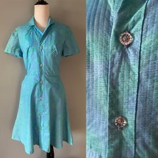 Vintage 50s Blue Green Watercolor Day Dress with Crystal Buttons Small w Pockets