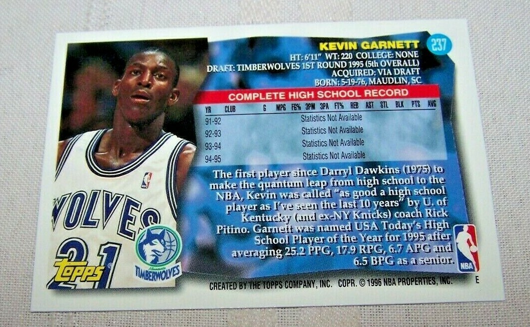 1996 Topps Kevin Garnett #237 NBA Draft Pick Rookie Timberwolves