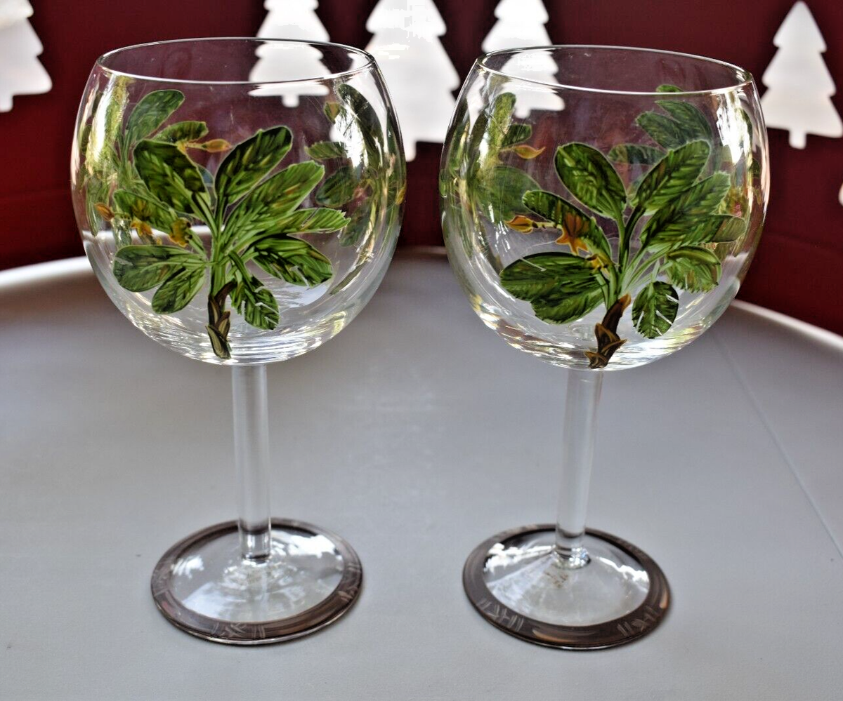 2~PALM TREE Balloon Wine Glasses Hand Painted 7"H Tropical Goblets Barware