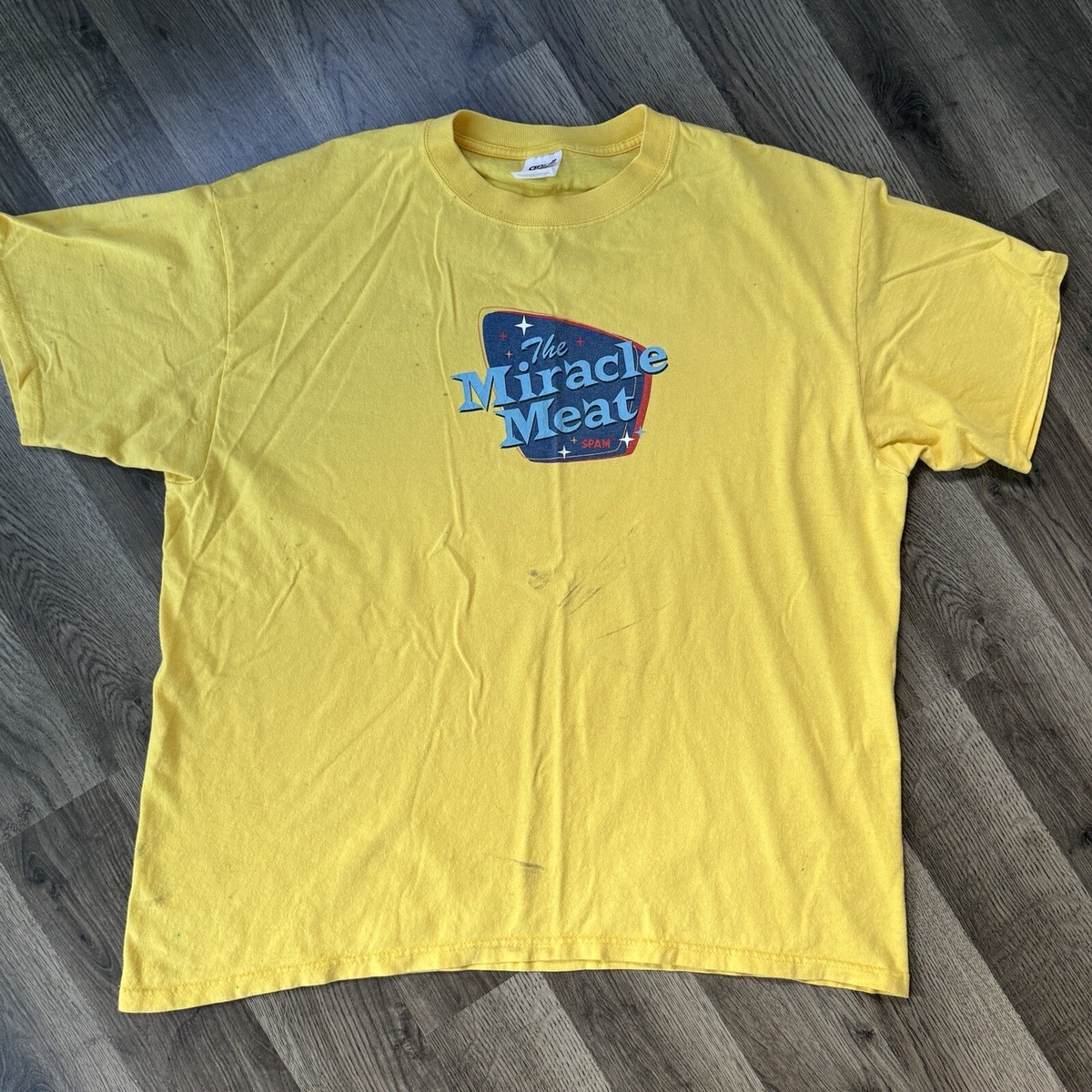 トップス SPAM \"MIRACLE MEAT!\" puff print tee Vintage Spam Promo The Miracle Meat T Shirt 70s Y2K Yellow