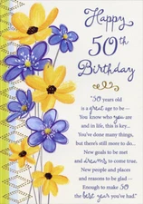 Puple and Yellow Flowers Gold Foil Diamond Patterns Age 50 / 50th Birthday Card