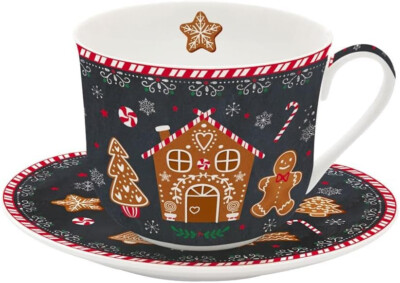 EASY LIFE Set Becher mit Untertasse / Teetasse Lebkuchenhaus Schwarz #2023379
