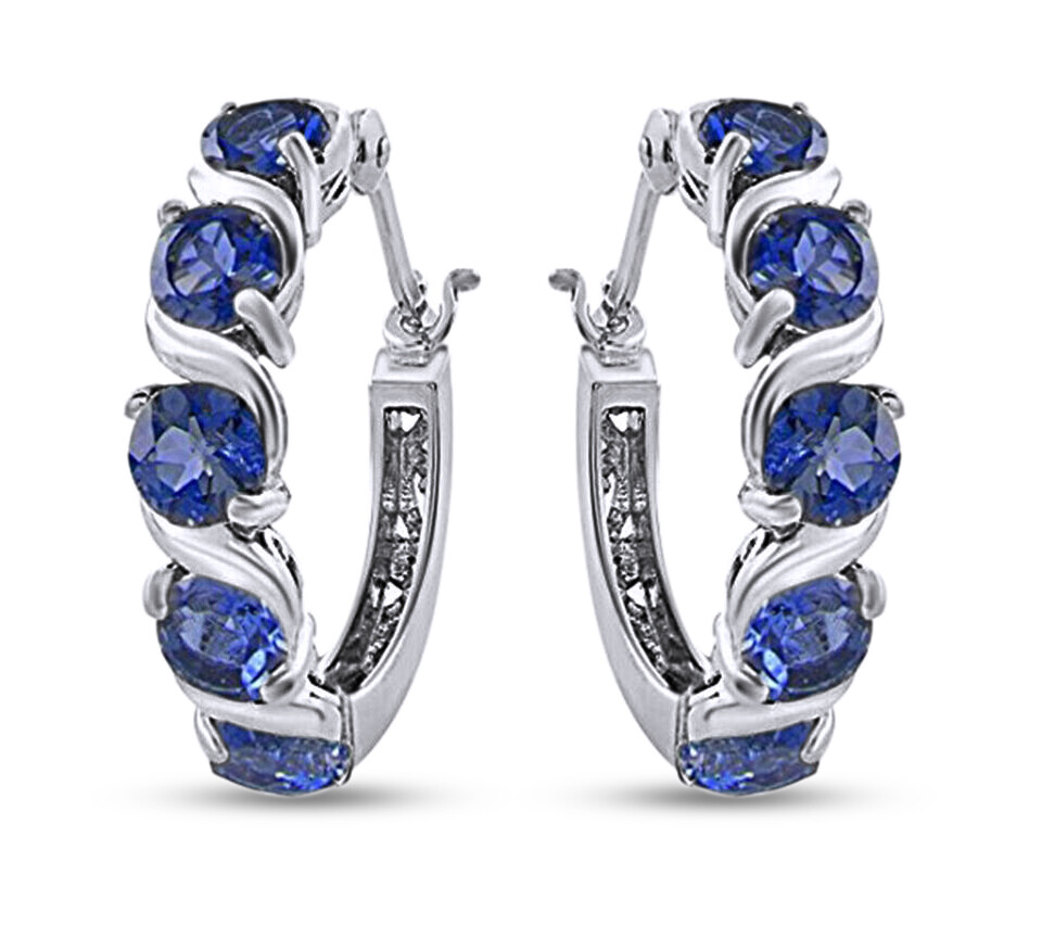 Hoop Earrings Simulated Blue Sapphire In 14K Gold Plated 925 Sterling Silver-image