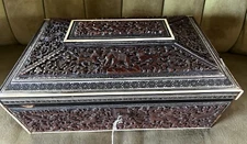 ANGLO SADELI  LOVELY CARVED ANIMALS WOOD INLAY SEWING BOX 9”x13” BOMBAY 1870-80