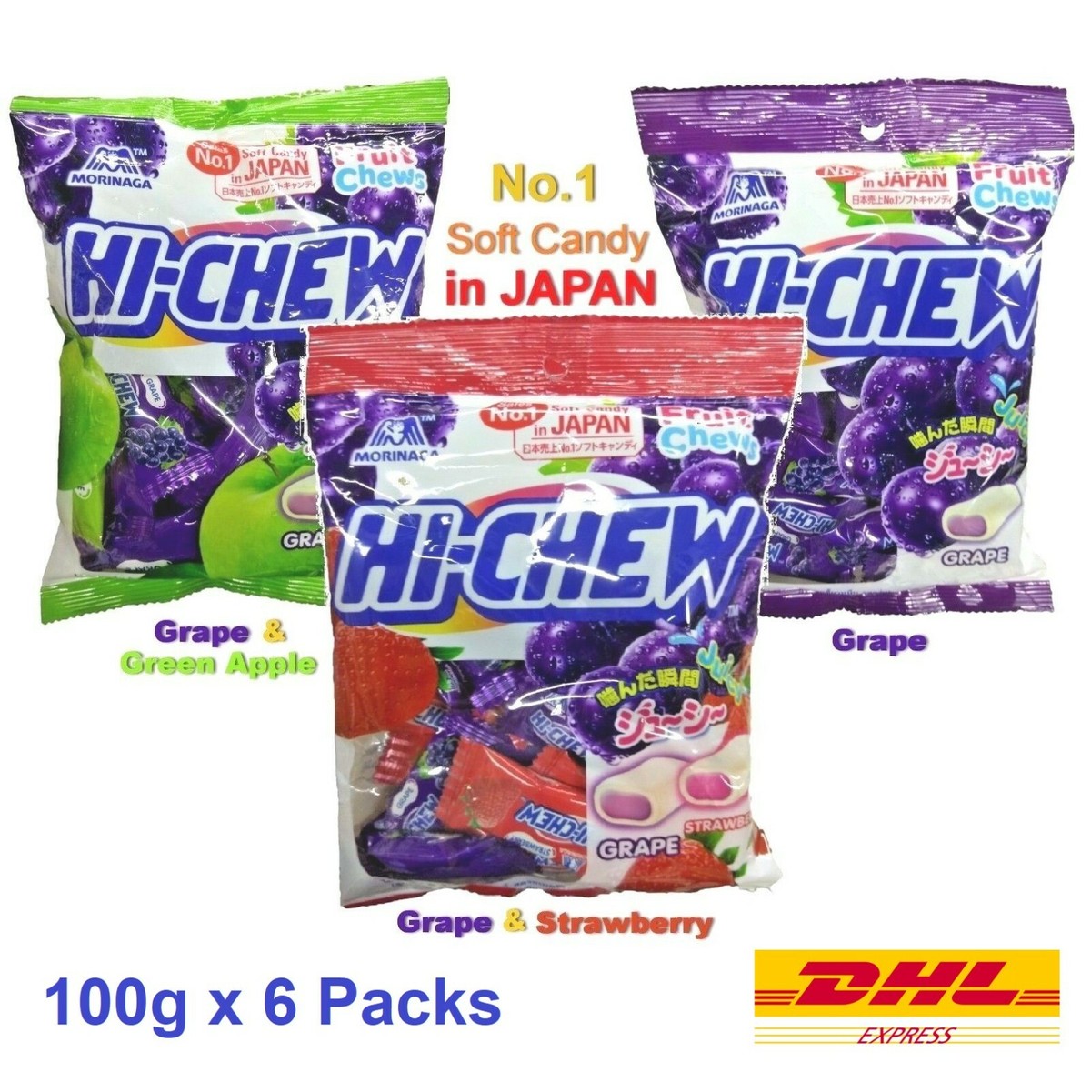 6 x Hi-Chew Chewy Soft Candy Morinaga Grape Green Apple Strawberry