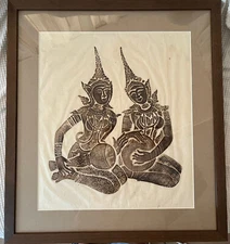 Vintage Temple Rubbing Siam Thai  Framed Picture Art Mid Century Modern