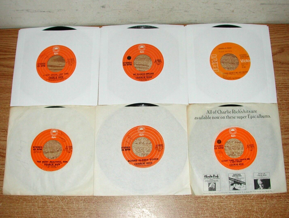 6 Charlie Rich 45 RPM Records with Sleeves - Epic & RCA Vintage Lot
