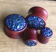 PAIR Blue Druzy Stone Sono Wood Plugs Tunnels Guages Gauges Body Jewelry