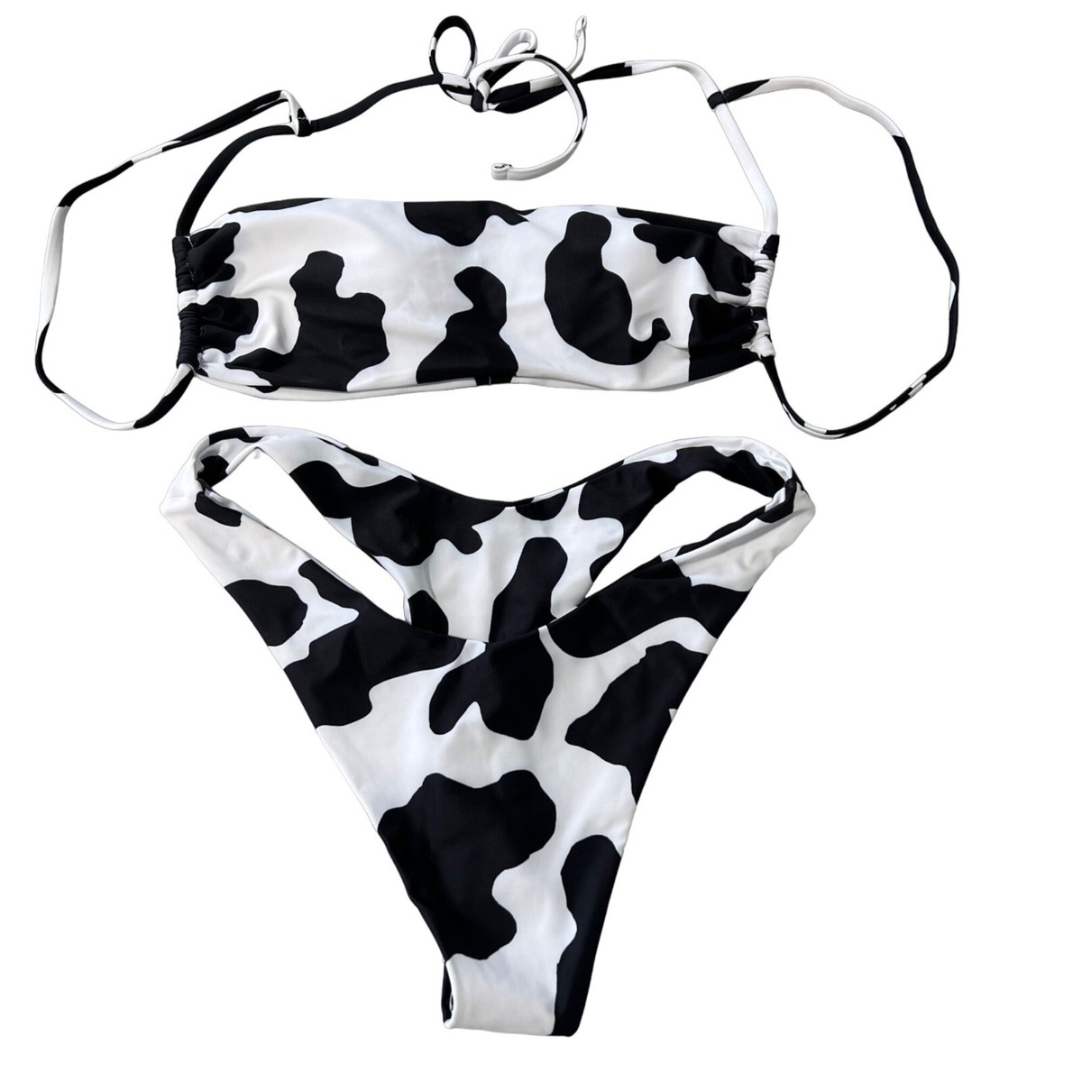 Cow Print Two Piece Halter Cheeky Bikini Set Womens M Black White