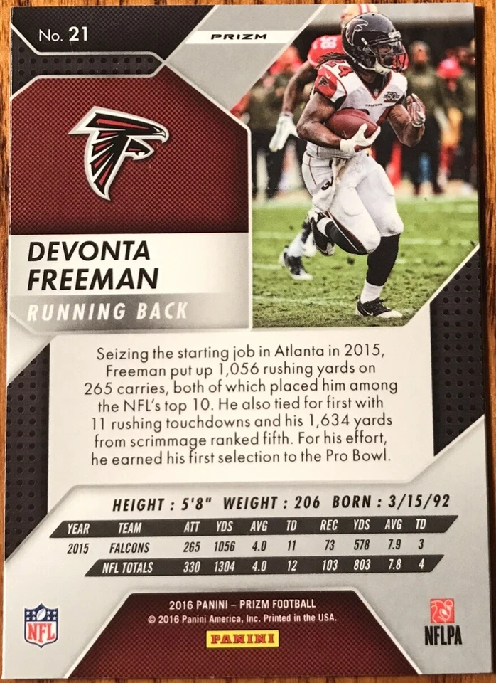 2016 Panini Prizm Prizms Flash Devonta Freeman #21 Atlanta Falcons - Image 2 of 2