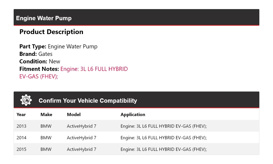 Para BMW ActiveHybrid 2013-2015 7 puertas de bomba de agua con motor 2014 Foto 2 de 4