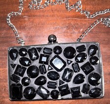 Nine West Black on Black Studded Hard Body Clutch Purse Bag Chain Strap Bling