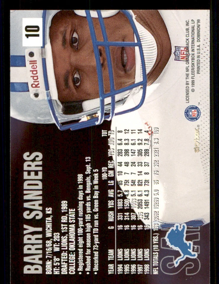 1999 SkyBox Dominion #10 Barry Sanders - Image 2 of 2